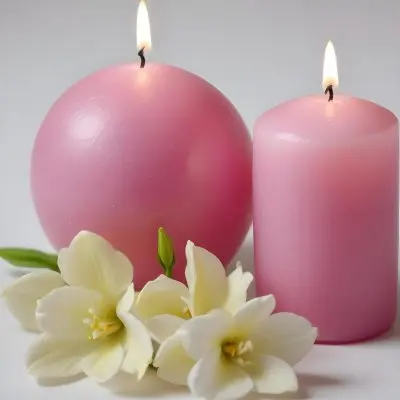 Two White Candles With White Flowers In A White Background One Candle Is Spherical And The Other Is Cylindrical 25 8381