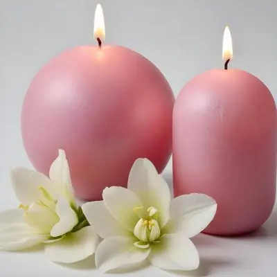 Two White Candles With White Flowers In A White Background One Candle Is Spherical And The Other Is Cylindrical 35 6efd