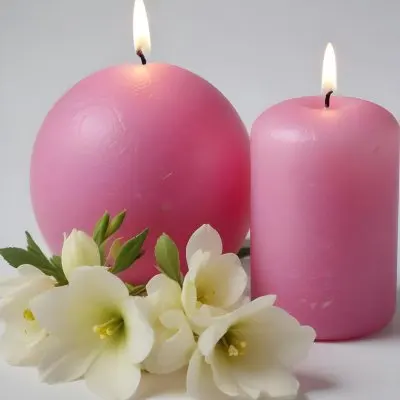 Two White Candles With White Flowers In A White Background One Candle Is Spherical And The Other Is Cylindrical 41 424a