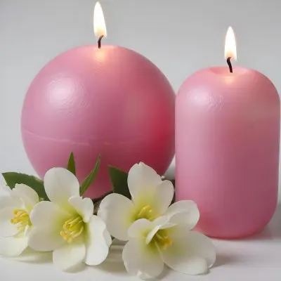 Two White Candles With White Flowers In A White Background One Candle Is Spherical And The Other Is Cylindrical 45 00fe