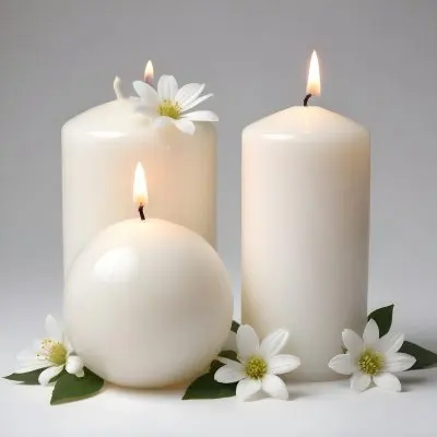 Two White Candles With White Flowers In A White Background One Candle Is Spherical And The Other Is Cylindrical 46 2f04