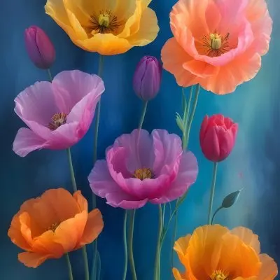 Vibrant And Colorful Flowers Including Pink Purple And Orange Poppies Or Similar Blooms Against A Dark Blue Background 44 9970