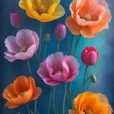 Vibrant And Colorful Flowers Including Pink Purple And Orange Poppies Or Similar Blooms Against A Dark Blue Background 46 09cd
