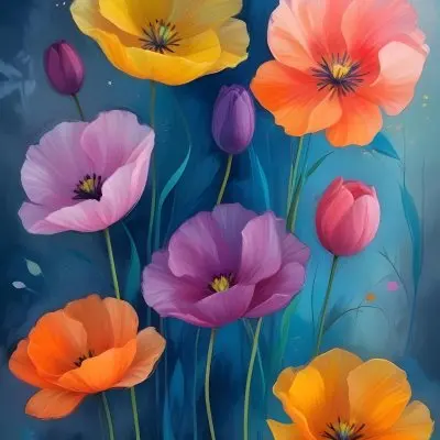 Vibrant And Colorful Flowers Including Pink Purple And Orange Poppies Or Similar Blooms Against A Dark Blue Background 5 121f