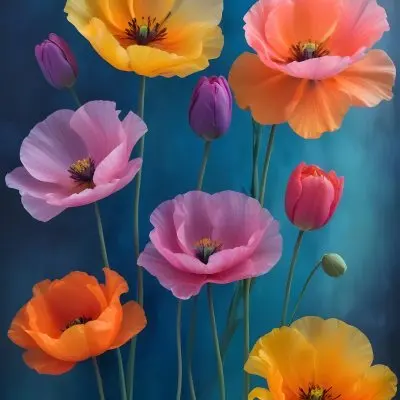 Vibrant And Colorful Flowers Including Pink Purple And Orange Poppies Or Similar Blooms Against A Dark Blue Background 50 Fde8