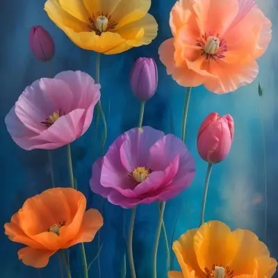 Vibrant And Colorful Flowers Including Pink Purple And Orange Poppies Or Similar Blooms Against A Dark Blue Background 53 69a9