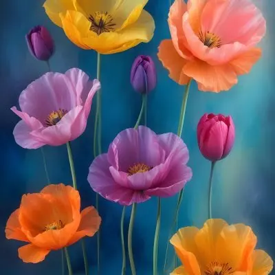 Vibrant And Colorful Flowers Including Pink Purple And Orange Poppies Or Similar Blooms Against A Dark Blue Background 60 0415