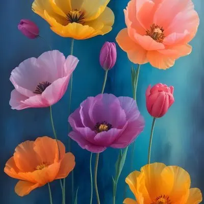 Vibrant And Colorful Flowers Including Pink Purple And Orange Poppies Or Similar Blooms Against A Dark Blue Background 62 C806
