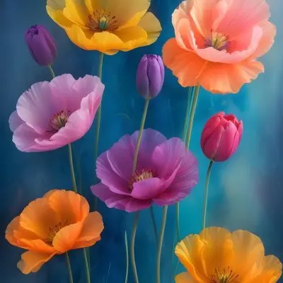 Vibrant And Colorful Flowers Including Pink Purple And Orange Poppies Or Similar Blooms Against A Dark Blue Background 67 5e3b