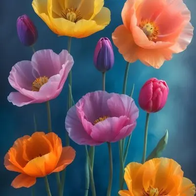 Vibrant And Colorful Flowers Including Pink Purple And Orange Poppies Or Similar Blooms Against A Dark Blue Background 70 8bf7