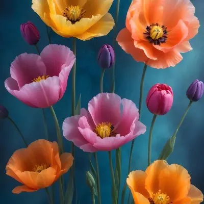 Vibrant And Colorful Flowers Including Pink Purple And Orange Poppies Or Similar Blooms Against A Dark Blue Background 72 1bda