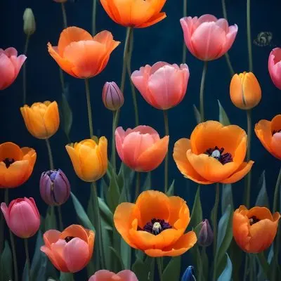 Vibrant And Colorful Flowers Including Pink Purple And Orange Poppies Or Similar Blooms Against A Dark Blue Background 74 C854