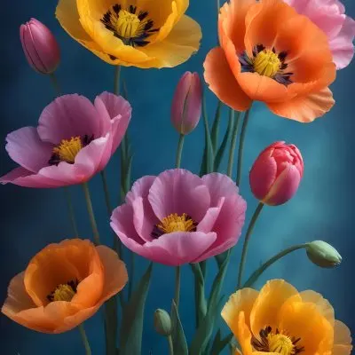 Vibrant And Colorful Flowers Including Pink Purple And Orange Poppies Or Similar Blooms Against A Dark Blue Background 75 9edd