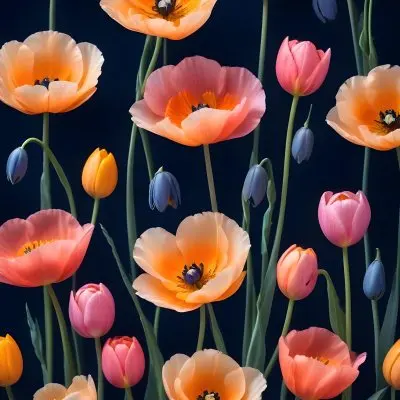 Vibrant And Colorful Flowers Including Pink Purple And Orange Poppies Or Similar Blooms Against A Dark Blue Background 76 5790