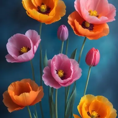 Vibrant And Colorful Flowers Including Pink Purple And Orange Poppies Or Similar Blooms Against A Dark Blue Background 86 Feb9