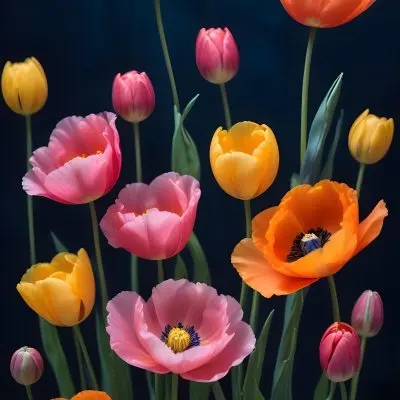 Vibrant And Colorful Flowers Including Pink Purple And Orange Poppies Or Similar Blooms Against A Dark Blue Background 88 2799