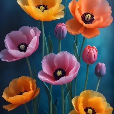Vibrant And Colorful Flowers Including Pink Purple And Orange Poppies Or Similar Blooms Against A Dark Blue Background 92 1f23