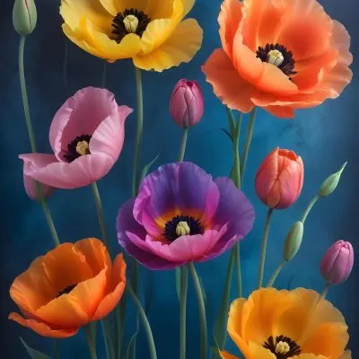 Vibrant And Colorful Flowers Including Pink Purple And Orange Poppies Or Similar Blooms Against A Dark Blue Background 93 45e4