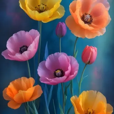 Vibrant And Colorful Flowers Including Pink Purple And Orange Poppies Or Similar Blooms Against A Dark Blue Background 95 1044