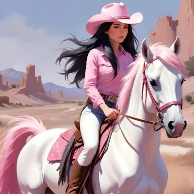 Young Latina Girl With Long Dark Hair Wearing A Cowgirl Hat And Pink Shirt Riding A White And Pink Unicorn In A Desert Setting With Cacti 10 10b7