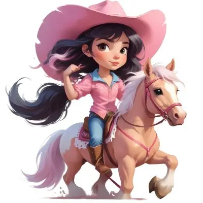 Young Latina Girl With Long Dark Hair Wearing A Cowgirl Hat And Pink Shirt Riding A White And Pink Unicorn In A Desert Setting With Cacti 11 Bf21
