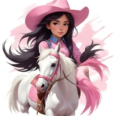 Young Latina Girl With Long Dark Hair Wearing A Cowgirl Hat And Pink Shirt Riding A White And Pink Unicorn In A Desert Setting With Cacti 12 Dd76