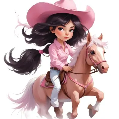 Young Latina Girl With Long Dark Hair Wearing A Cowgirl Hat And Pink Shirt Riding A White And Pink Unicorn In A Desert Setting With Cacti 13 1099