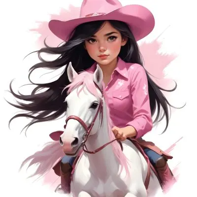 Young Latina Girl With Long Dark Hair Wearing A Cowgirl Hat And Pink Shirt Riding A White And Pink Unicorn In A Desert Setting With Cacti 17 3704