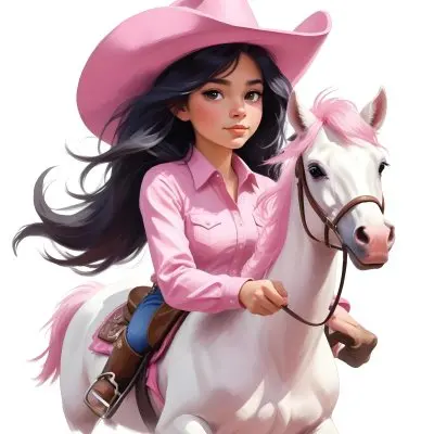 Young Latina Girl With Long Dark Hair Wearing A Cowgirl Hat And Pink Shirt Riding A White And Pink Unicorn In A Desert Setting With Cacti 19 857e