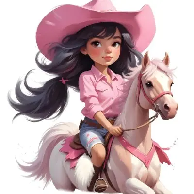 Young Latina Girl With Long Dark Hair Wearing A Cowgirl Hat And Pink Shirt Riding A White And Pink Unicorn In A Desert Setting With Cacti 26 117d