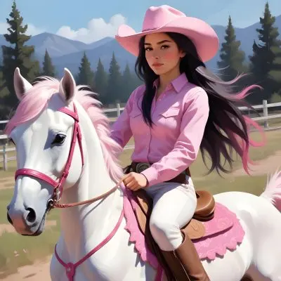 Young Latina Girl With Long Dark Hair Wearing A Cowgirl Hat And Pink Shirt Riding A White And Pink Unicorn In A Desert Setting With Cacti 27 388d