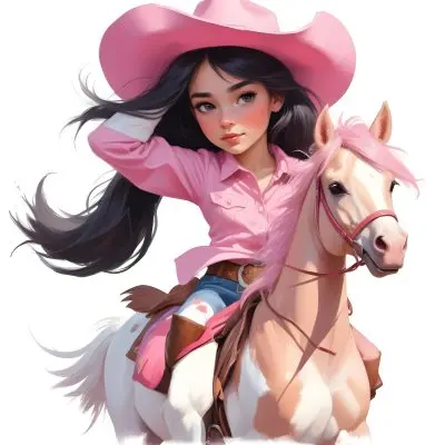Young Latina Girl With Long Dark Hair Wearing A Cowgirl Hat And Pink Shirt Riding A White And Pink Unicorn In A Desert Setting With Cacti 30 0b10