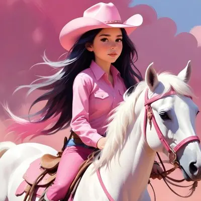 Young Latina Girl With Long Dark Hair Wearing A Cowgirl Hat And Pink Shirt Riding A White And Pink Unicorn In A Desert Setting With Cacti 35 A1d9