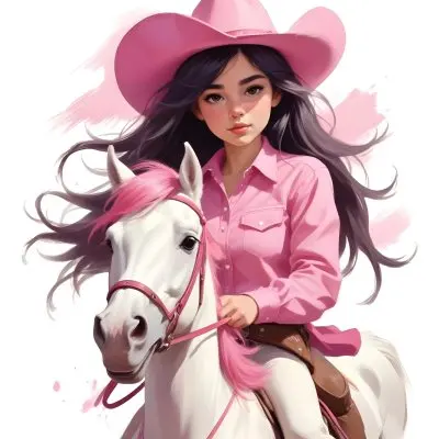 Young Latina Girl With Long Dark Hair Wearing A Cowgirl Hat And Pink Shirt Riding A White And Pink Unicorn In A Desert Setting With Cacti 7 979f