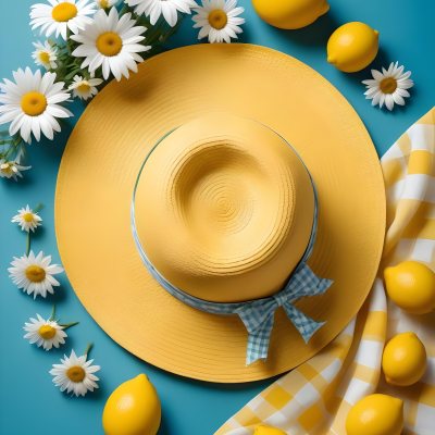 Minimal Soft Studio Light Photography A Yellow Straw Hat With A Bow Surrounded By White Daisies Lemons And A Yellow And White Checkered Cloth On A Teal Blue Background High Detail Solid Bold Color Background 10 E3aa