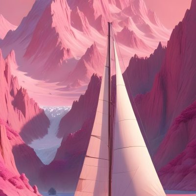 3d Model A Sailboat With Two People Sailing In A Pink Sea With A Pink Sky And Pink Mountains In The Background Figure Octane Render Volumetric Highly Detailed Videogame Aesthetic 12 34f5