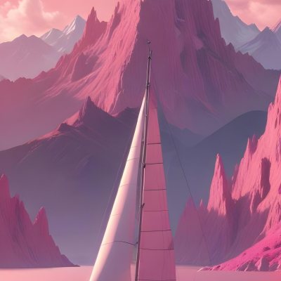 3d Model A Sailboat With Two People Sailing In A Pink Sea With A Pink Sky And Pink Mountains In The Background Figure Octane Render Volumetric Highly Detailed Videogame Aesthetic 13 0d66