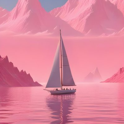 3d Model A Sailboat With Two People Sailing In A Pink Sea With A Pink Sky And Pink Mountains In The Background Figure Octane Render Volumetric Highly Detailed Videogame Aesthetic 14 909c