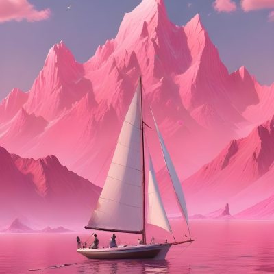 3d Model A Sailboat With Two People Sailing In A Pink Sea With A Pink Sky And Pink Mountains In The Background Figure Octane Render Volumetric Highly Detailed Videogame Aesthetic 15 Edc7