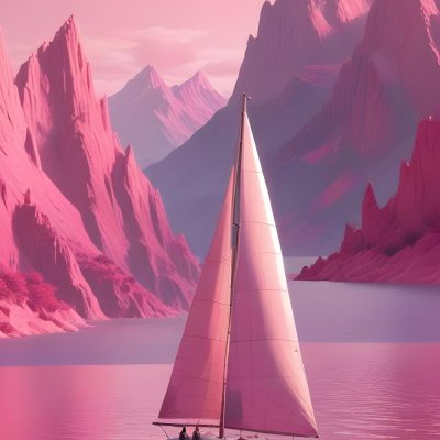 3d Model A Sailboat With Two People Sailing In A Pink Sea With A Pink Sky And Pink Mountains In The Background Figure Octane Render Volumetric Highly Detailed Videogame Aesthetic 16 Ac01