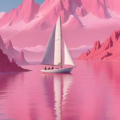 3d Model A Sailboat With Two People Sailing In A Pink Sea With A Pink Sky And Pink Mountains In The Background Figure Octane Render Volumetric Highly Detailed Videogame Aesthetic 2 02b7