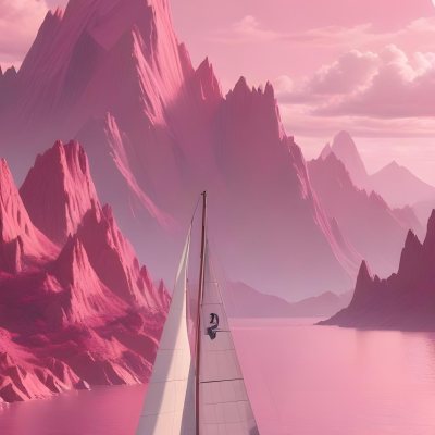 3d Model A Sailboat With Two People Sailing In A Pink Sea With A Pink Sky And Pink Mountains In The Background Figure Octane Render Volumetric Highly Detailed Videogame Aesthetic 3 3865