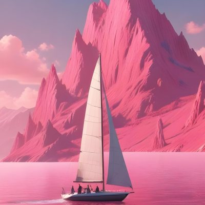 3d Model A Sailboat With Two People Sailing In A Pink Sea With A Pink Sky And Pink Mountains In The Background Figure Octane Render Volumetric Highly Detailed Videogame Aesthetic 7 D274