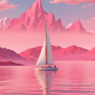 3d Model A Sailboat With Two People Sailing In A Pink Sea With A Pink Sky And Pink Mountains In The Background Figure Octane Render Volumetric Highly Detailed Videogame Aesthetic 8 3cd6
