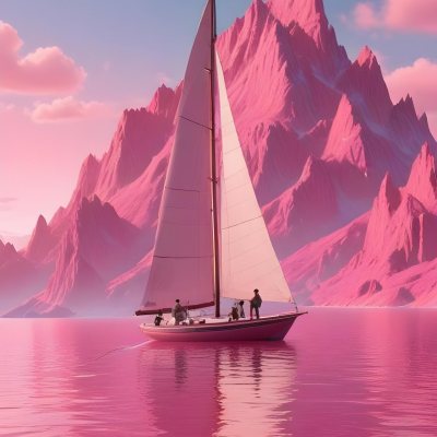 3d Model A Sailboat With Two People Sailing In A Pink Sea With A Pink Sky And Pink Mountains In The Background Figure Octane Render Volumetric Highly Detailed Videogame Aesthetic 9 0c29