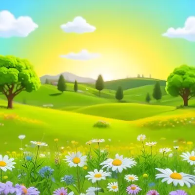 3d Model A Vibrant Landscape Featuring A Bright Sky With Fluffy Clouds And A Yellow Sun Rising In The Background In The Foreground A Variety Of Colorful Flowers Bloom Including Daisies And Other Wildflowers Two Gree 15 1218