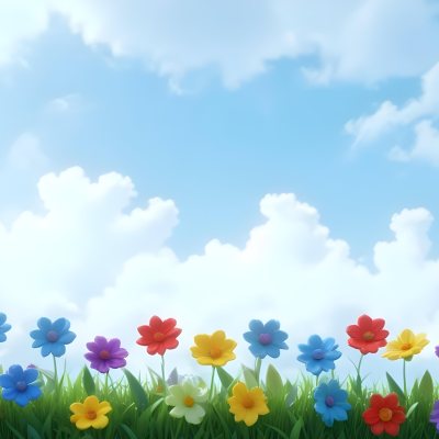 3d Model Colorful Flowers In Shades Of Green Red And Purple Are Arranged In A Row Against A Light Blue Sky With Soft Clouds The Flowers Are Set Against Lush Green Grass Figure Octane Render Volumetric Highly Deta 10 B319