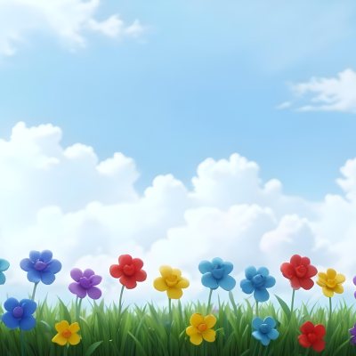 3d Model Colorful Flowers In Shades Of Green Red And Purple Are Arranged In A Row Against A Light Blue Sky With Soft Clouds The Flowers Are Set Against Lush Green Grass Figure Octane Render Volumetric Highly Deta 11 31ba