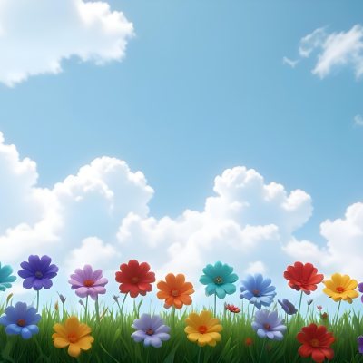 3d Model Colorful Flowers In Shades Of Green Red And Purple Are Arranged In A Row Against A Light Blue Sky With Soft Clouds The Flowers Are Set Against Lush Green Grass Figure Octane Render Volumetric Highly Deta 13 5899