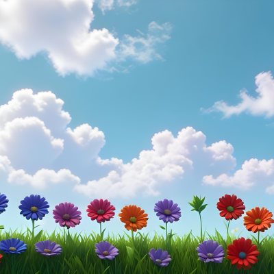 3d Model Colorful Flowers In Shades Of Green Red And Purple Are Arranged In A Row Against A Light Blue Sky With Soft Clouds The Flowers Are Set Against Lush Green Grass Figure Octane Render Volumetric Highly Deta 16 7b12